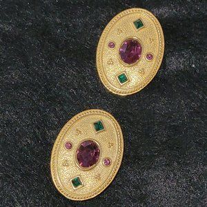 Unique purple, green and gold shield clip on earrings